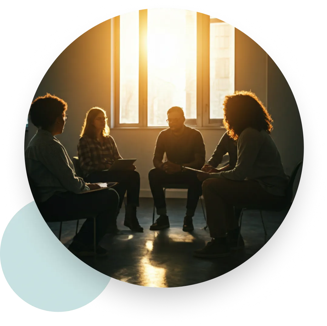 People sitting together in a circle, backlit by a tall window