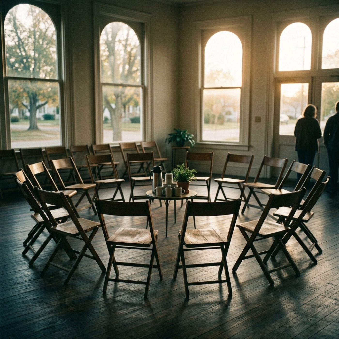 A circle of chairs set up in a community hall before a meeting