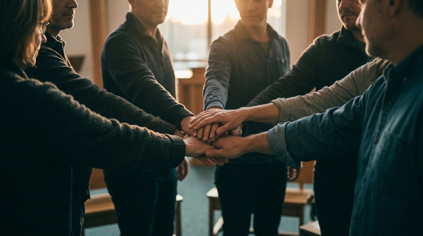 Hands stacked together in the middle of a circle of people