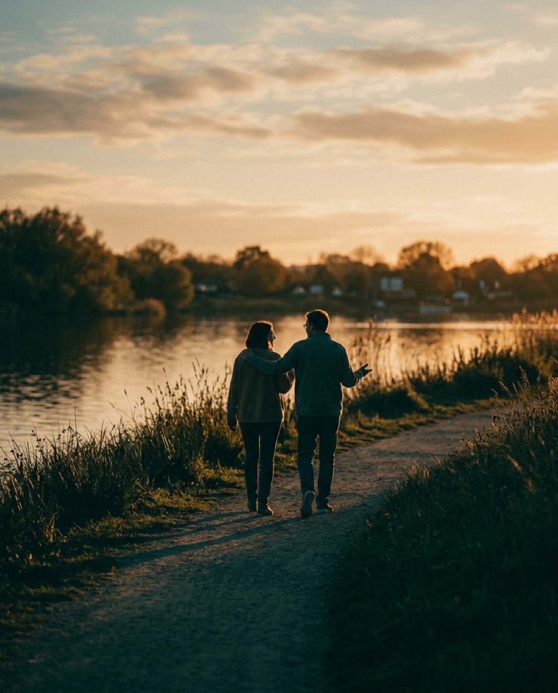 Two people walking together along a waterside path at golden hour